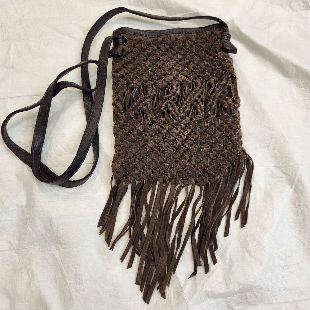 Lucky Brand Dark Brown Woven Leather Fringe Crossbody Bag Boho Western Festival